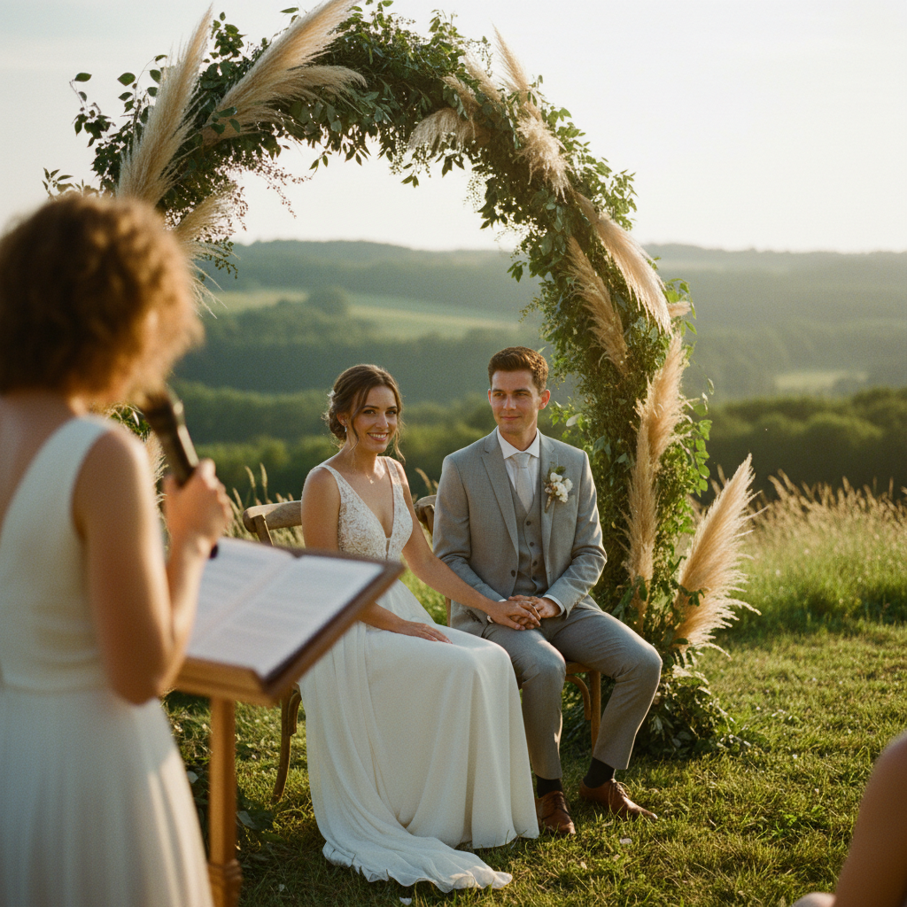 Cérémonie laïque mariage Belgique en campagne ardennaise : couple sous une arche de pampas, officiante au pupitre, lumière dorée de fin de journée
