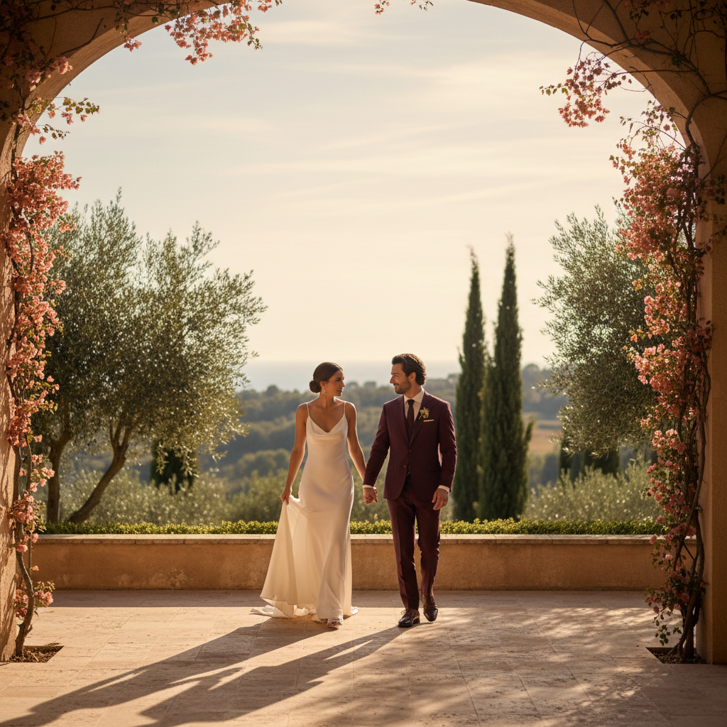 Couple de mariés marchant main dans la main sur une terrasse en pierre bordée d'oliviers et de cyprès, décor méditerranéen évoquant un mariage à destination depuis la Belgique