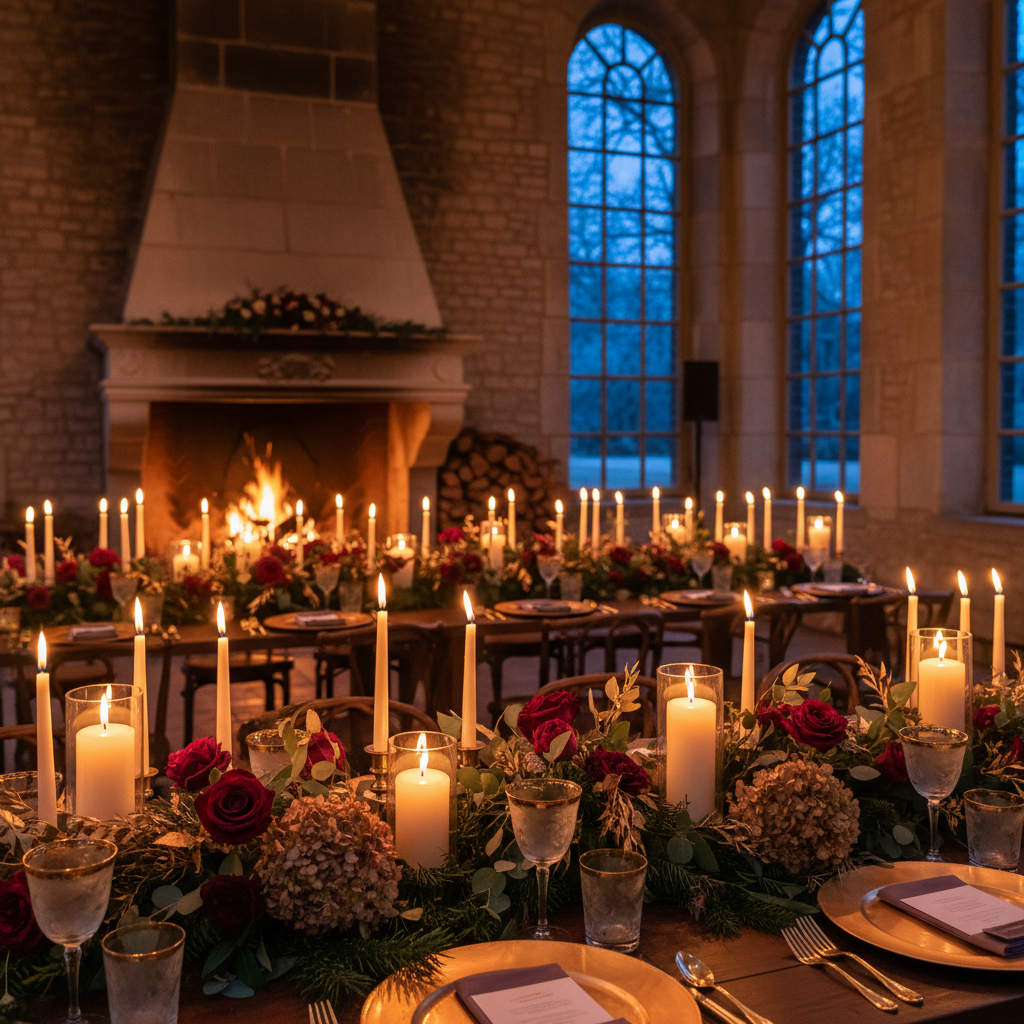 Table de réception d'un mariage hiver Belgique dressée aux bougies dans un château, cheminée allumée, roses bordeaux et eucalyptus, vaisselle dorée et fenêtres au crépuscule d'hiver