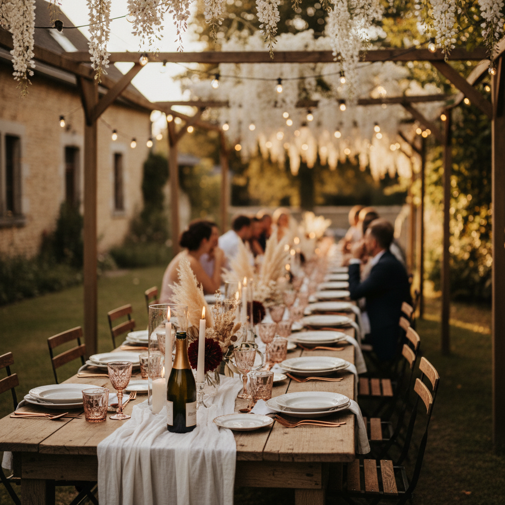 Long table dinner d'un mariage intime à 30 invités en Belgique sous pergola, avec couverts cuivre, pampas et bougies à la golden hour