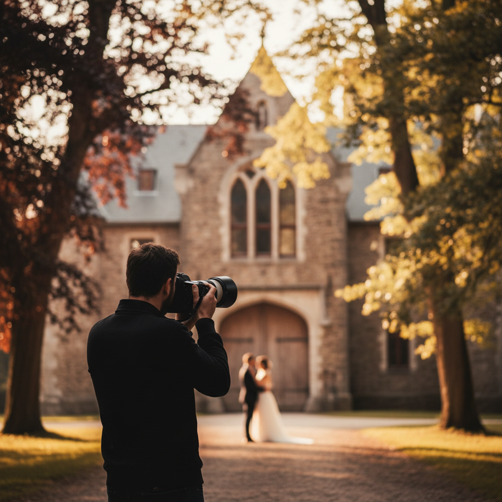 Photographe de mariage en Belgique capturant un couple devant un château wallon