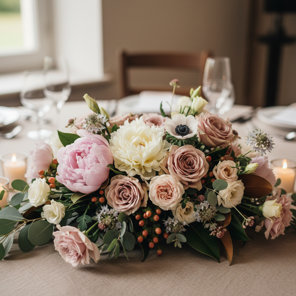 Composition florale basse de centre de table mariage avec pivoines roses, roses David Austin, anémones et eucalyptus, dans la palette d'inspiration Maisons Fleuries