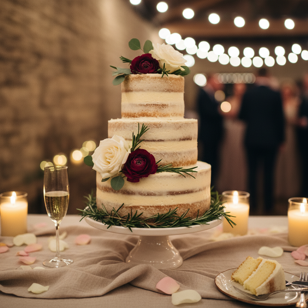 Naked wedding cake à trois étages décoré de roses et ranunculus dans une réception de mariage avec guirlande lumineuse