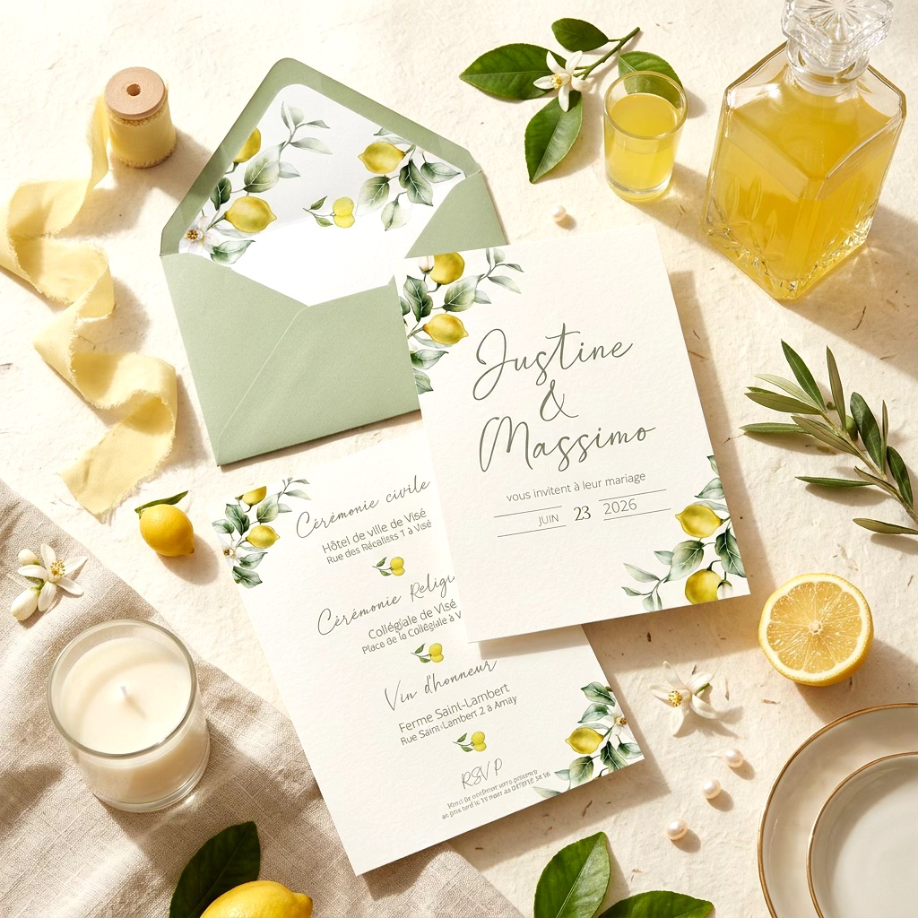 Trouwkaart op maat met citroenmotief en saliegroene envelop, van Audrey Studio